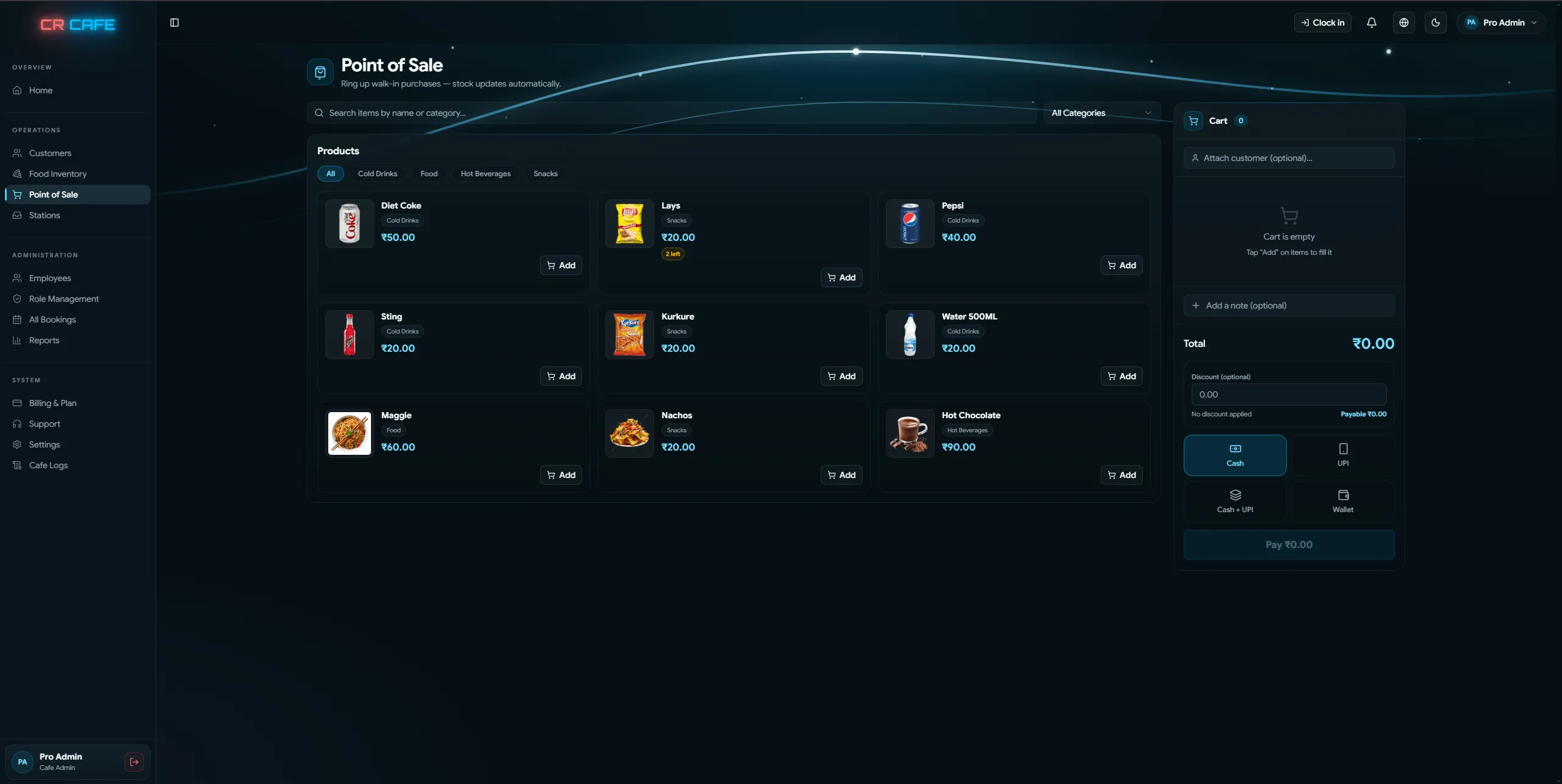 CR Cafe point of sale screen for a gaming cafe, showing a product grid with live stock counts and cash, UPI and wallet payment options