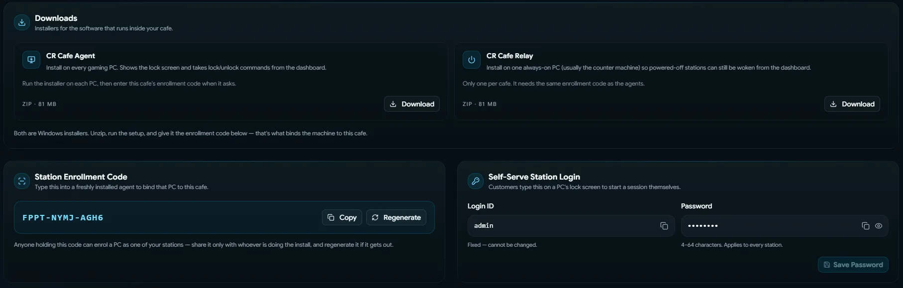 CR Cafe Agent and CR Cafe Relay Windows installer downloads for binding gaming PCs and the counter machine to a cafe