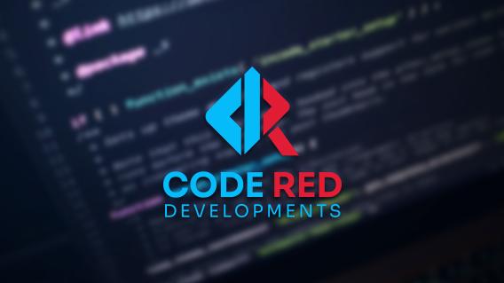 The Code Red Developments logo over a blurred code editor