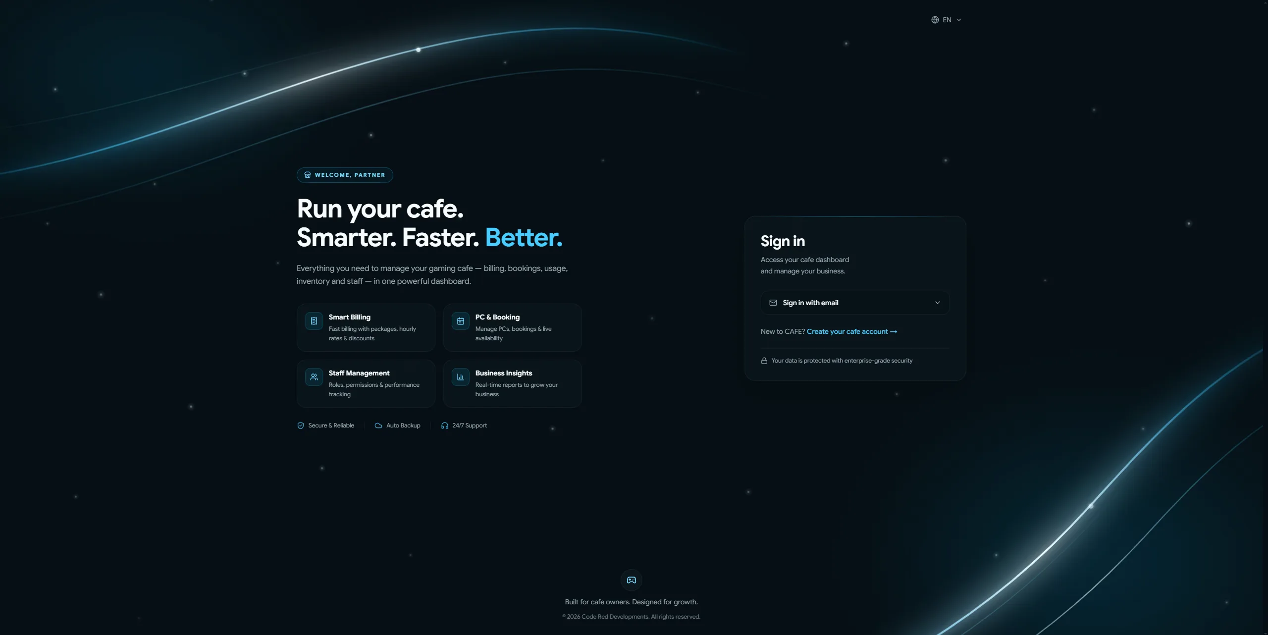 CR Cafe sign-in screen for gaming cafe management software, showing quick links to billing, bookings, staff management and business insights