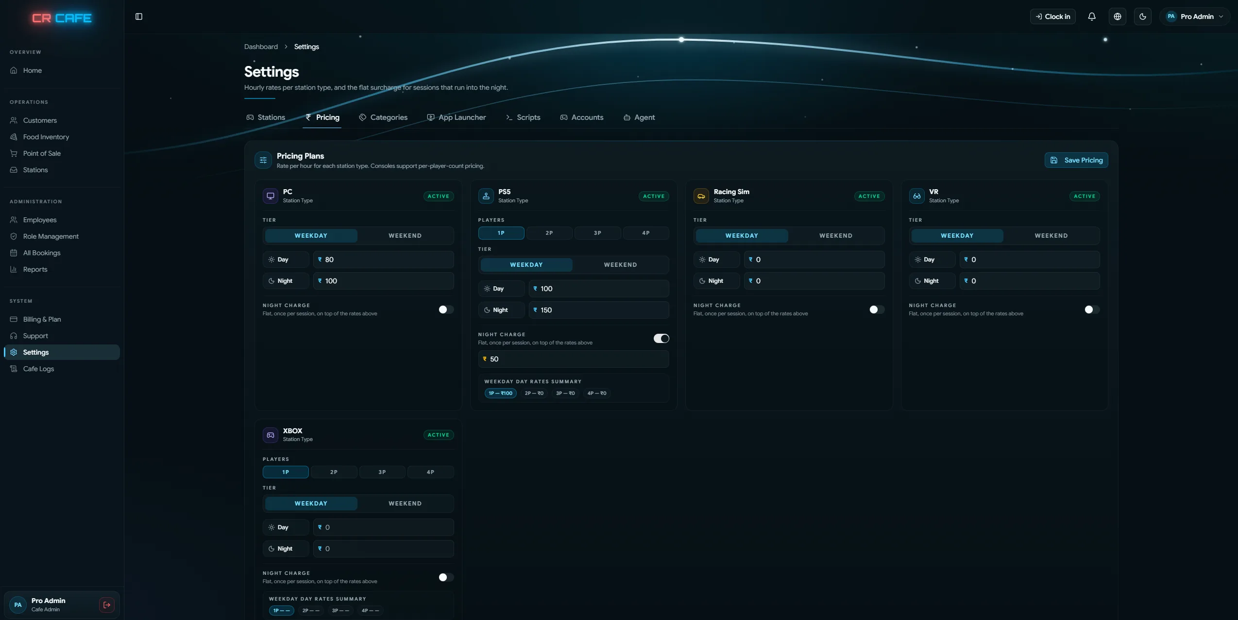 CR Cafe dynamic pricing dashboard showing per-station hourly rates, weekday and weekend tiers, day and night pricing, and per-player pricing for PS5 and Xbox