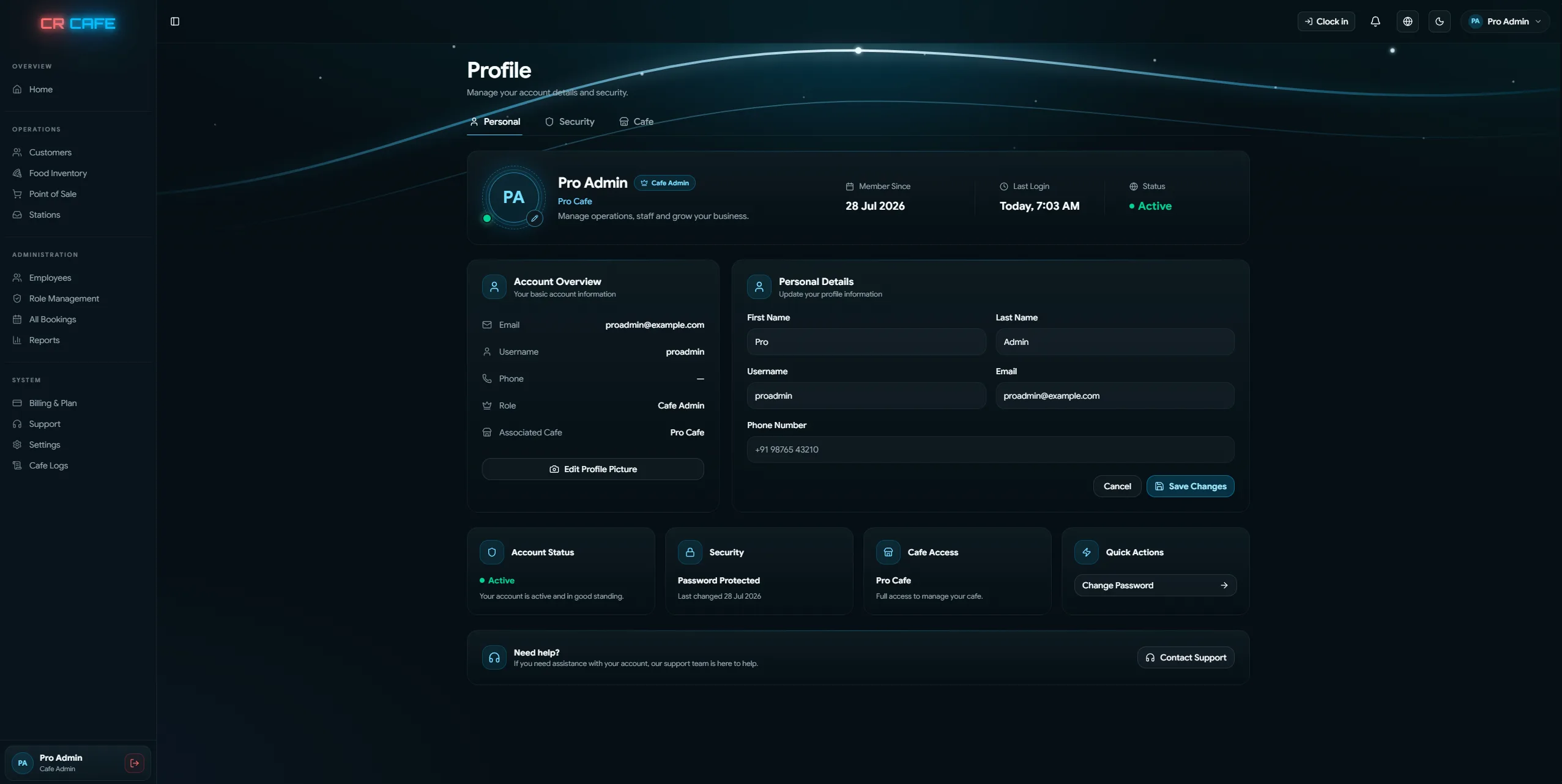 CR Cafe user profile screen showing account role, associated cafe, security status and personal details for a cafe admin
