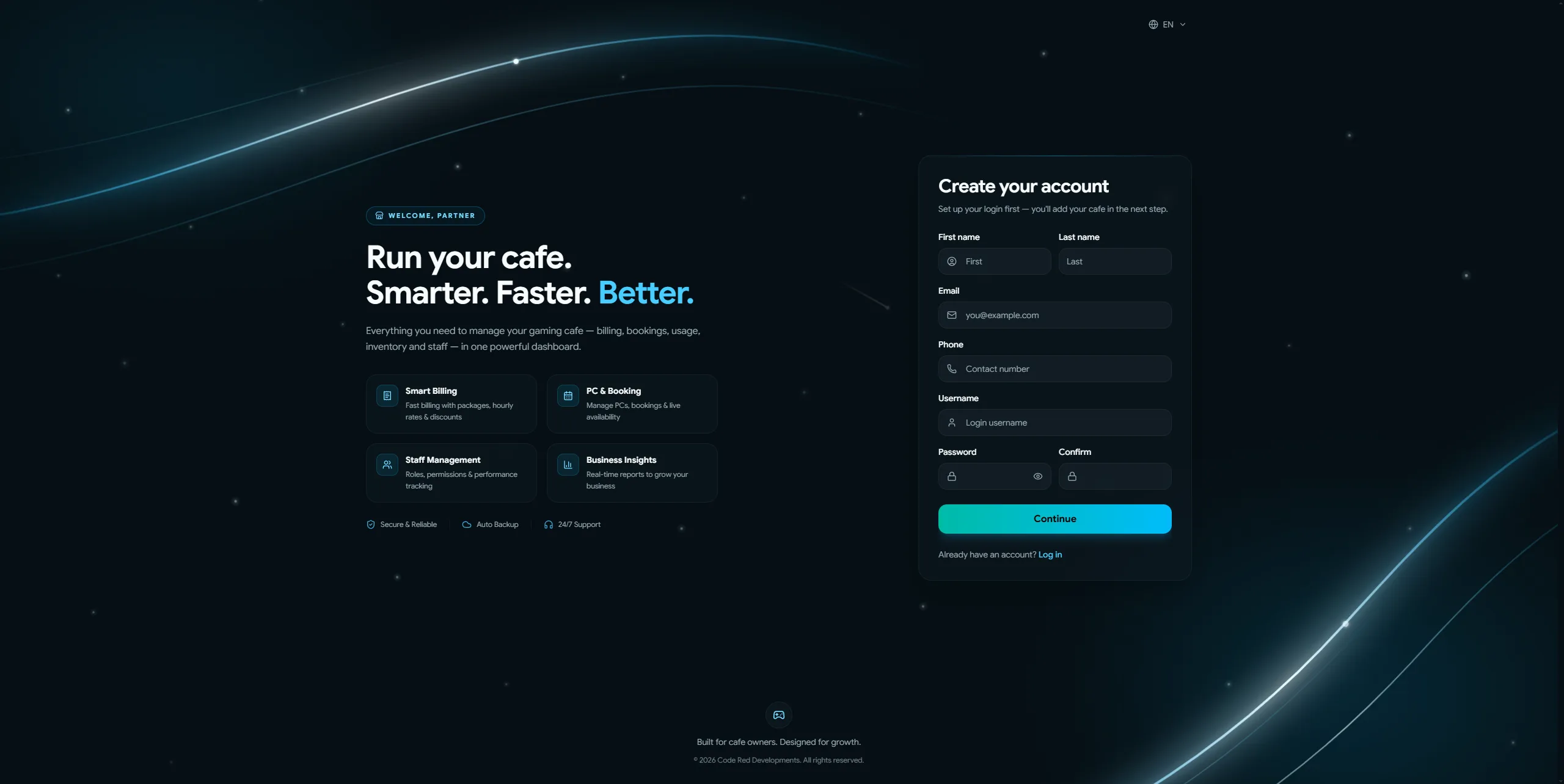 CR Cafe sign-up screen for gaming cafe management software