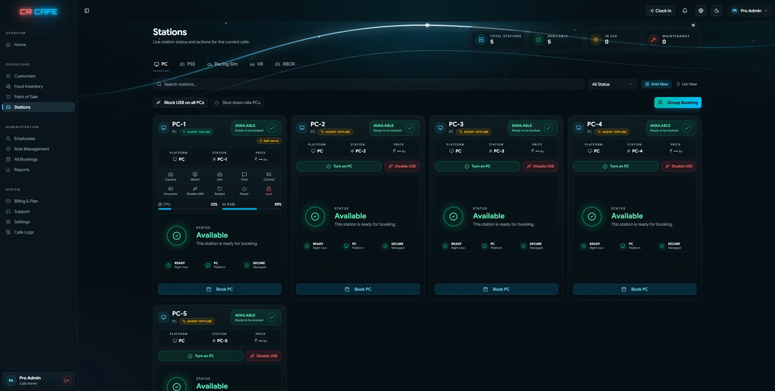 CR Cafe stations dashboard displaying real-time status, CPU and RAM usage, and remote lock/unlock controls for every gaming PC in a cafe