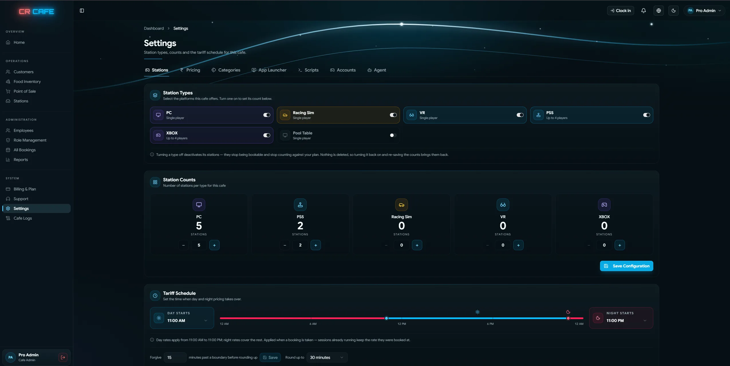 CR Cafe settings screen for configuring station types, station counts and the day/night tariff schedule for a gaming cafe